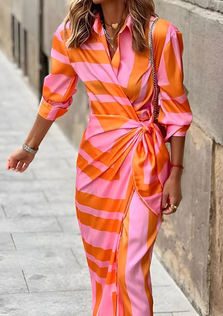 Sophisticated women's striped wrap midi dress, a comfortable and flattering party or office outfit.