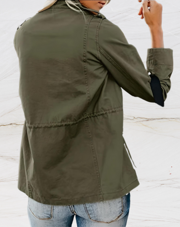 Structured women's jacket with multi-pocket details, a lightweight utility piece for versatile everyday spring & fall fashion.