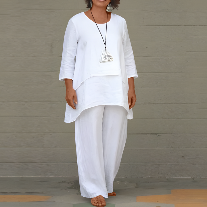 Women's stylish 2-piece linen set. Breathable, relaxed fit linen co-ord with shorts for chic summer casual wear.