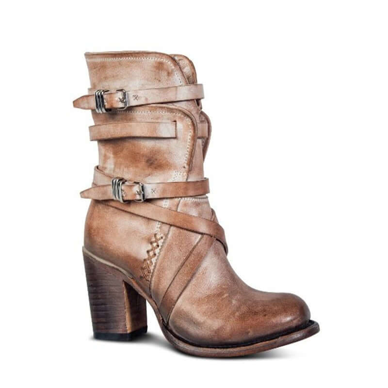 Chic women's ankle boots with decorative buckle straps, a comfortable block heel, and side zip. Versatile fashion footwear.