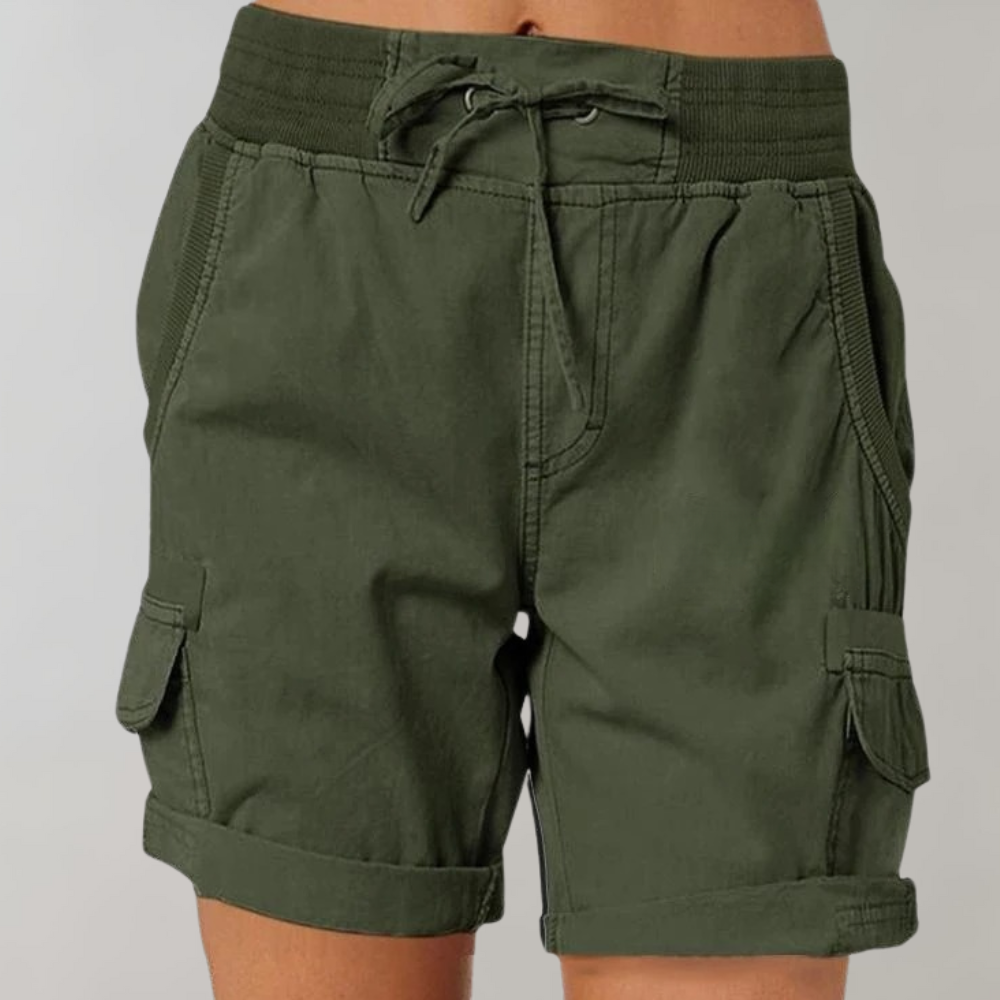 Close-up of women's cargo shorts featuring an elastic waist and adjustable drawstring for ultimate comfort and a perfect fit.