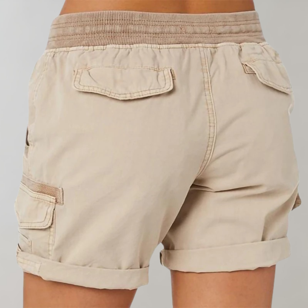 Stylish women's olive cargo shorts with an elastic waist, perfect for comfortable daily wear, summer outings, and utility.