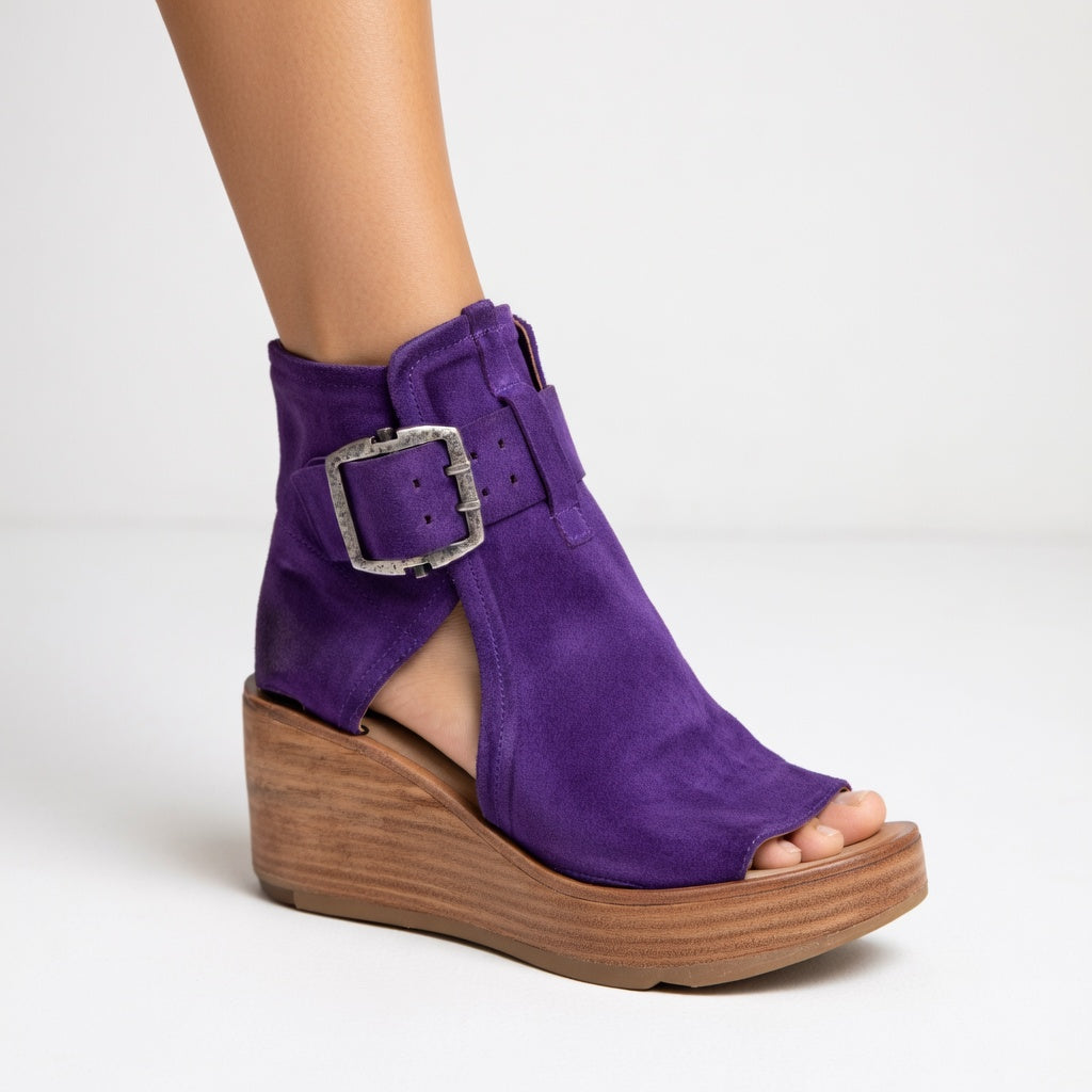 Fashionable brown open-toe wedge ankle boots for women, designed for all-day comfort and style.