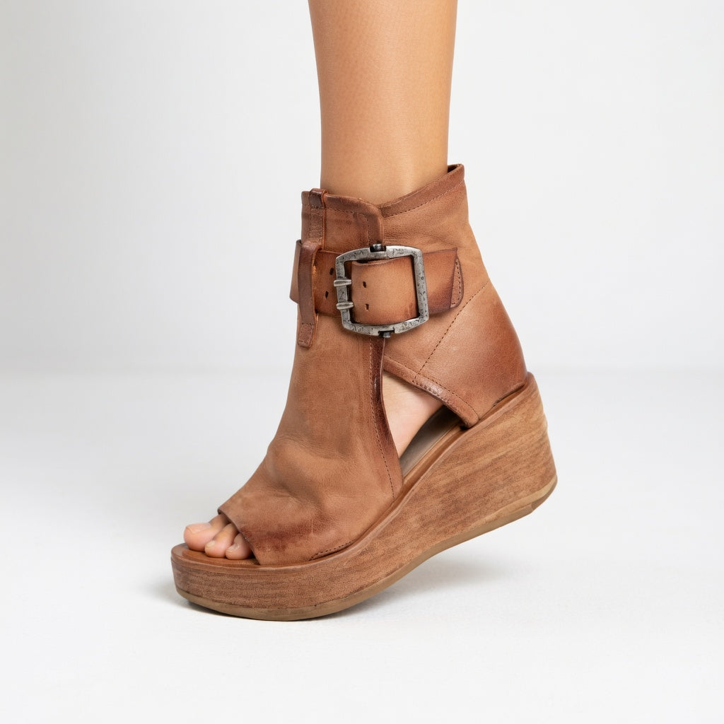 Versatile red open-toe wedge ankle boots for women. Comfortable and chic footwear for any occasion.