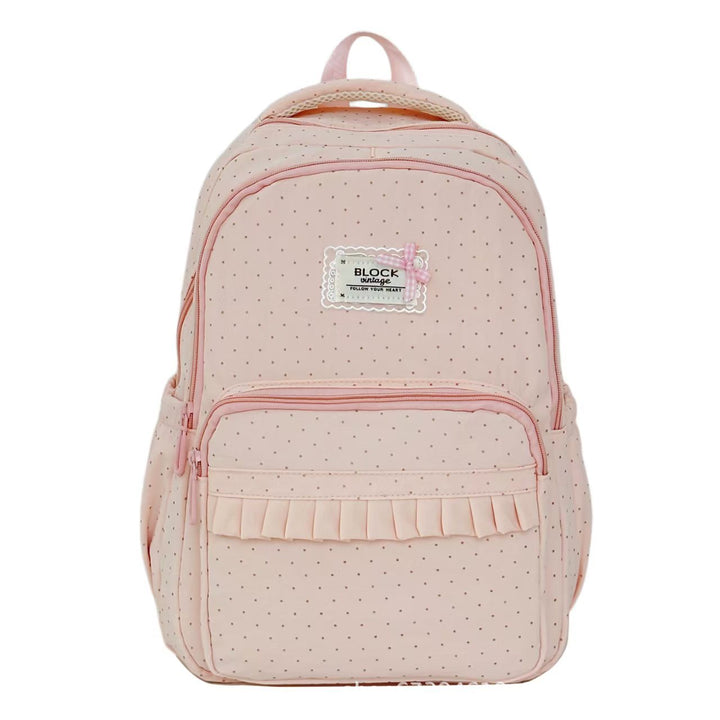 Versatile women's polka dot ruffled backpack, ideal for school, travel, or everyday stylish carry.