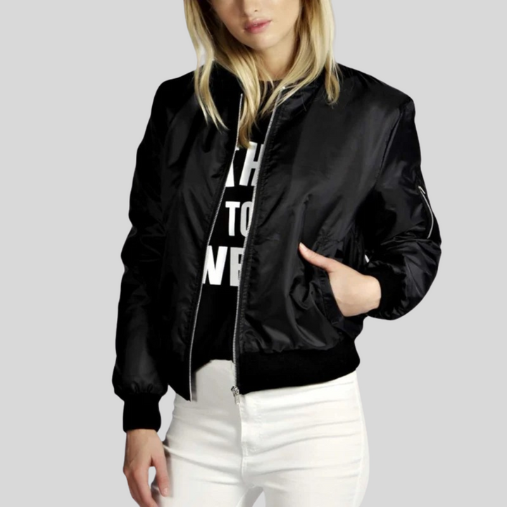 Women's stylish bomber jacket with ribbed trim. Perfect for spring & fall fashion outerwear.