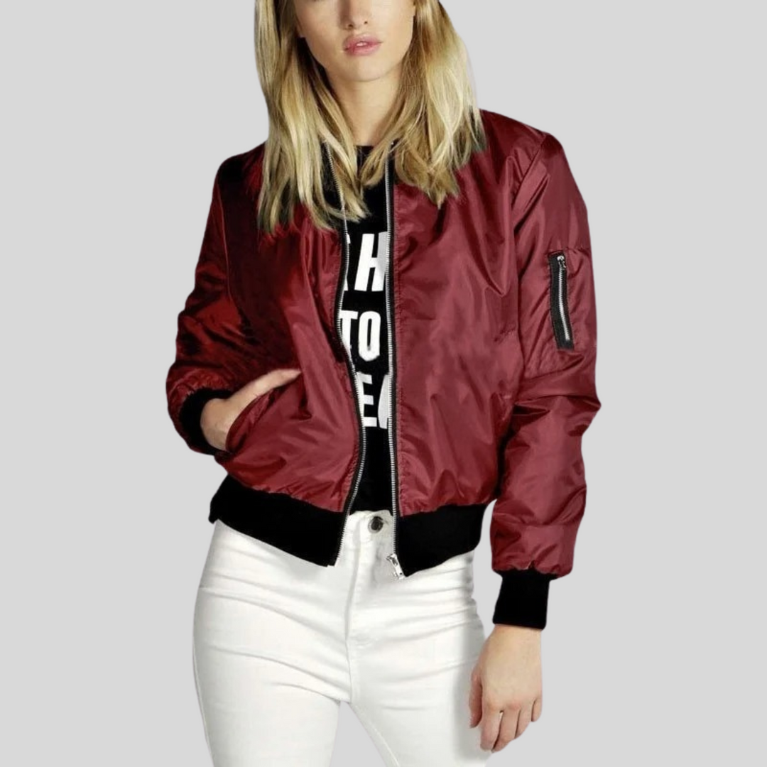 Stylish women's bomber jacket, ribbed trim. Casual yet chic outerwear for spring & fall layering.