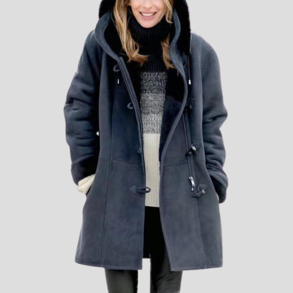 Women's stylish brown everyday jacket, hip length with a stand collar, versatile outerwear.