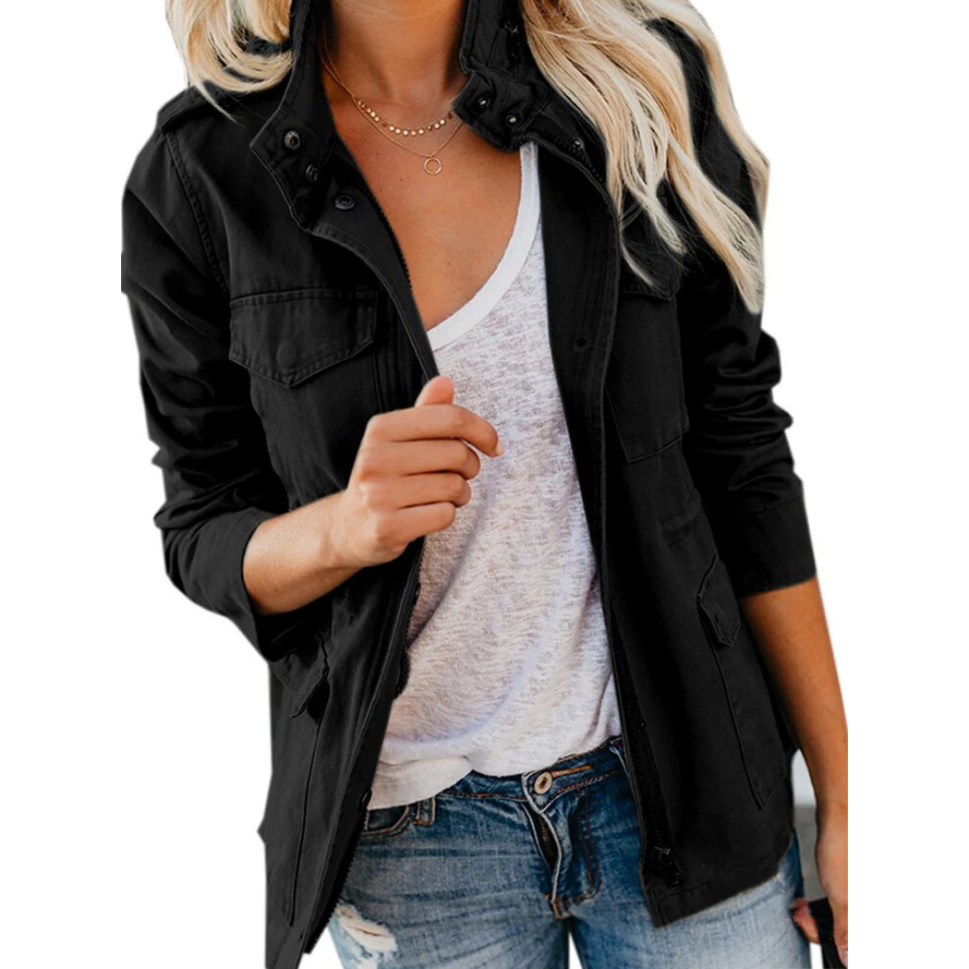 Women's stylish casual zip-up jacket in a versatile color, perfect for fall and spring comfort.