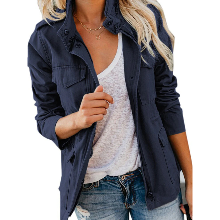 Comfortable women's zip-up jacket with functional zipper, ideal for casual everyday wear in spring/fall.