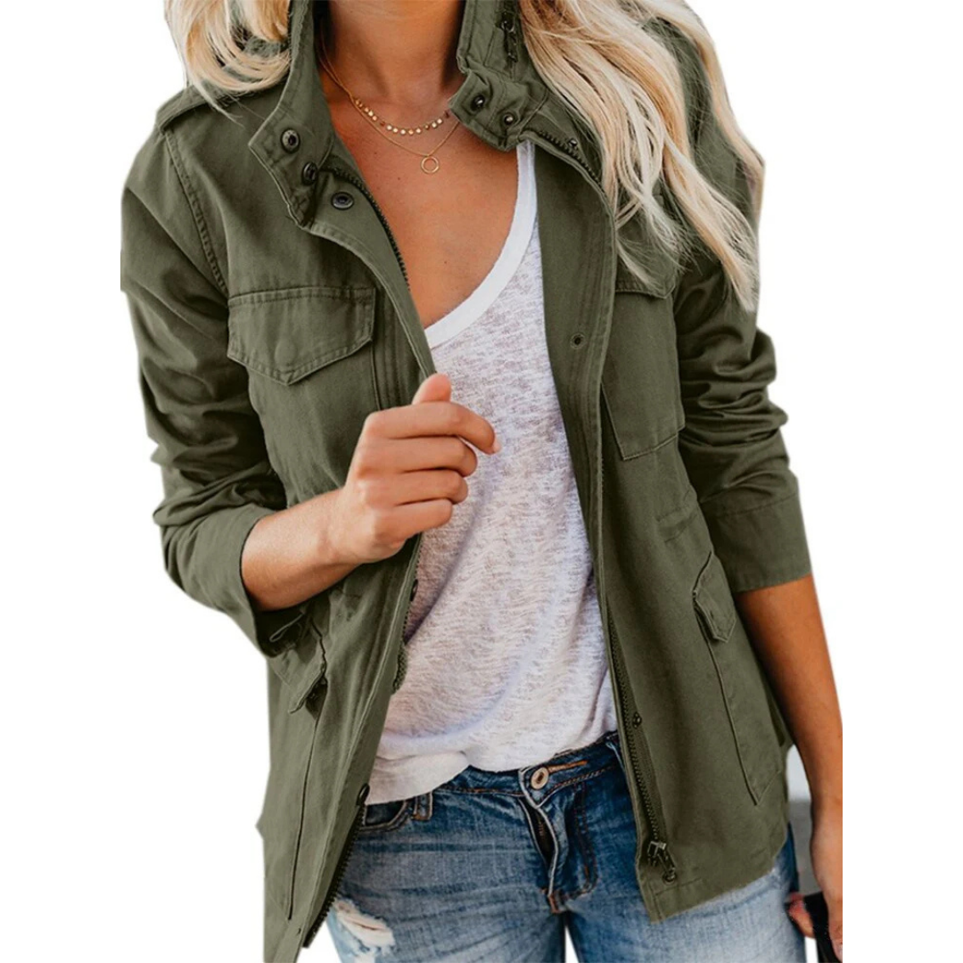 Model wearing a comfortable women's casual zip-up jacket, showcasing its relaxed fit and stylish design.