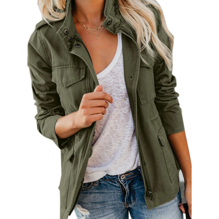 Model wearing a comfortable women's casual zip-up jacket, showcasing its relaxed fit and stylish design.