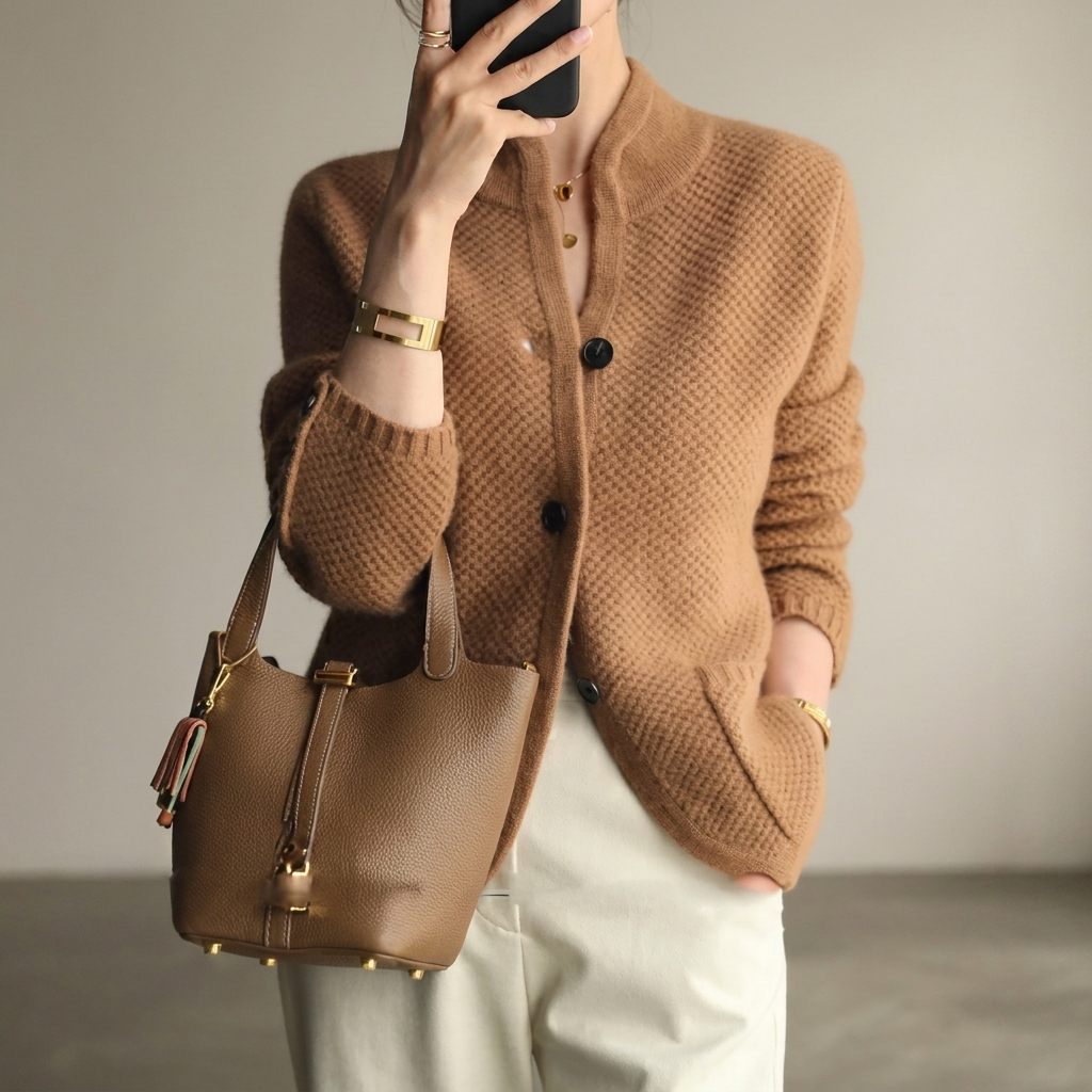 Women's stylish cream cable knit cardigan. Cozy, long-sleeve, button-front for versatile layering & everyday wear.