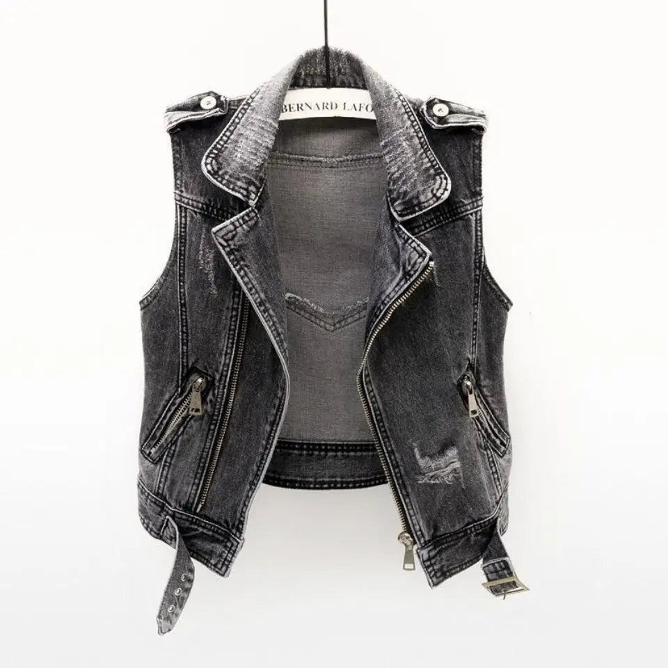 Sleeveless distressed denim vest for women, ideal stylish outerwear for a casual, trendy outfit.