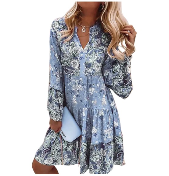 Charming women's mini dress showcasing a unique floral bohemian print, great for stylish spring wear.