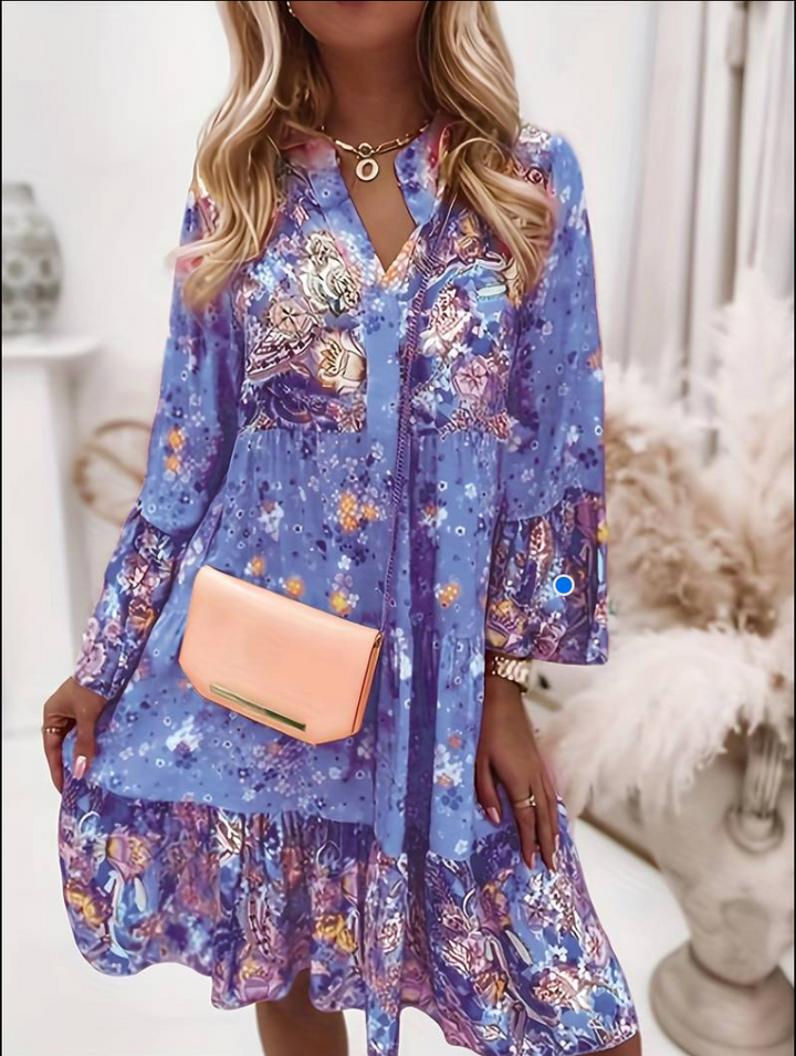Stylish women's floral boho mini dress, a casual yet elegant printed short dress for summer and spring.