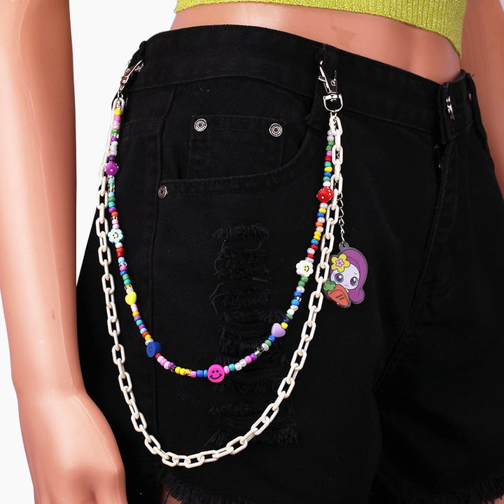 Women's stylish gold chain belt with multi-color beads & charm pendants. Adjustable fashion waist accessory.
