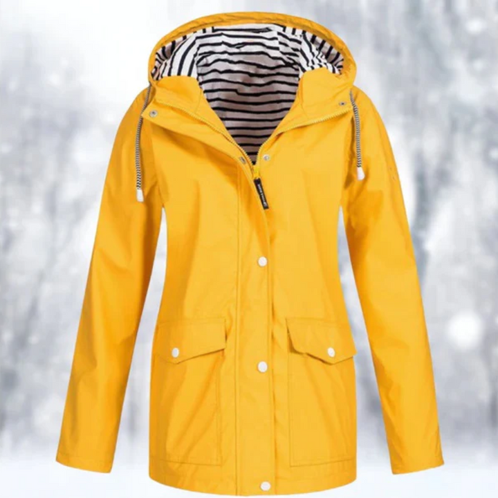 Women's stylish hooded raincoat, lightweight & waterproof for spring/fall. Stay dry and chic.
