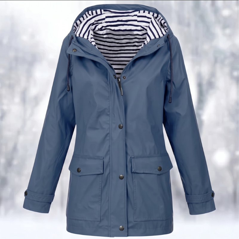 Woman wearing a stylish hooded raincoat, perfect for rainy spring days. Waterproof and chic outerwear.