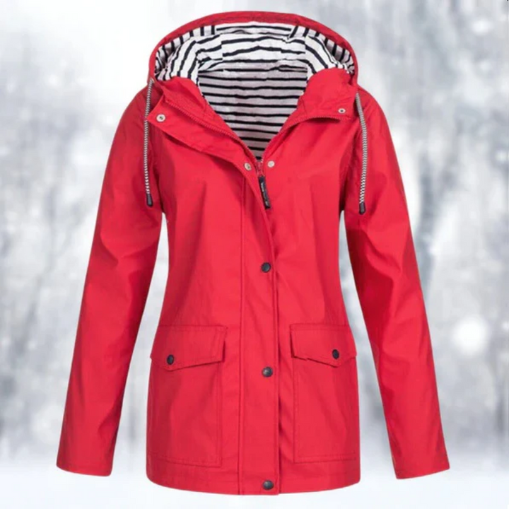Stylish women's hooded raincoat, comfortable & waterproof. Chic lightweight outerwear for spring & fall.