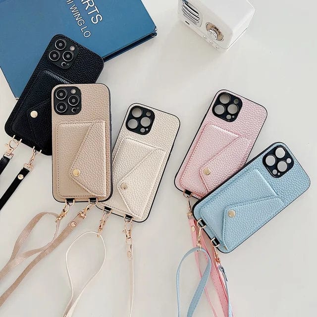 Women's stylish leather crossbody phone case with card holder & key cord for hands-free convenience.