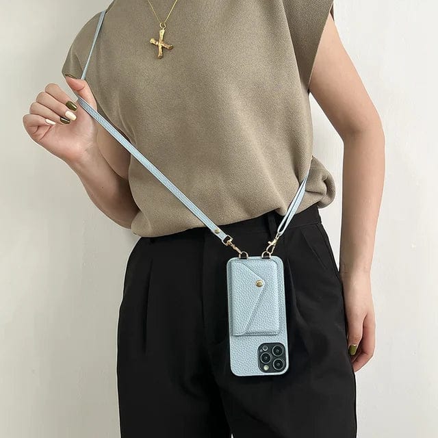 Practical leather crossbody iPhone case with secure card holder and attached key cord for mobile essentials.