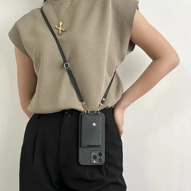 New women's fashion leather phone organizer, crossbody style with integrated card slots & useful key cord.