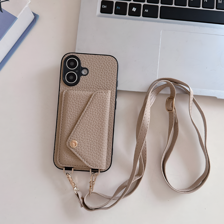 Elegant women's leather crossbody phone case; perfect for hands-free daily use, includes card holder & key cord.