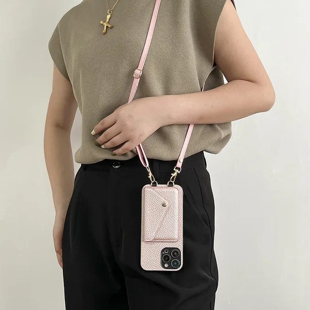 Versatile women's leather phone case: crossbody design, card holder, and key cord for ultimate organization.