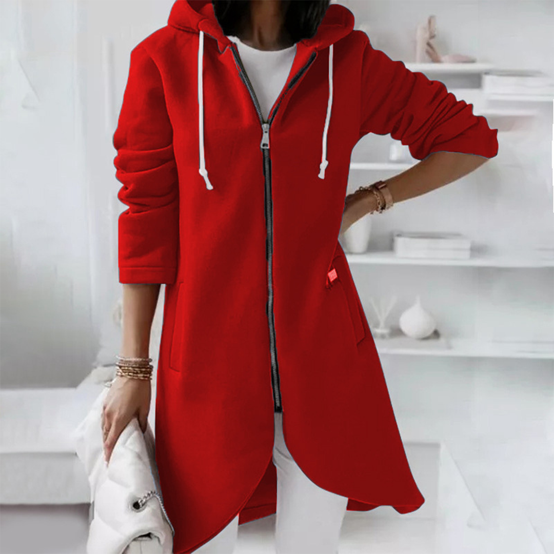 Women's stylish longline hooded jacket in a modern fit, perfect for everyday casual wear.