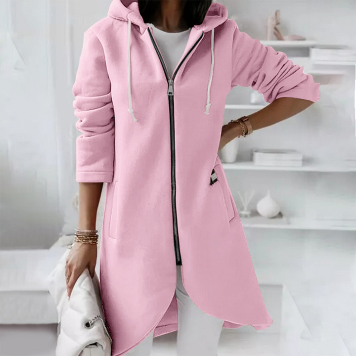 Versatile women's hooded longline jacket for everyday comfort & chic outerwear style.