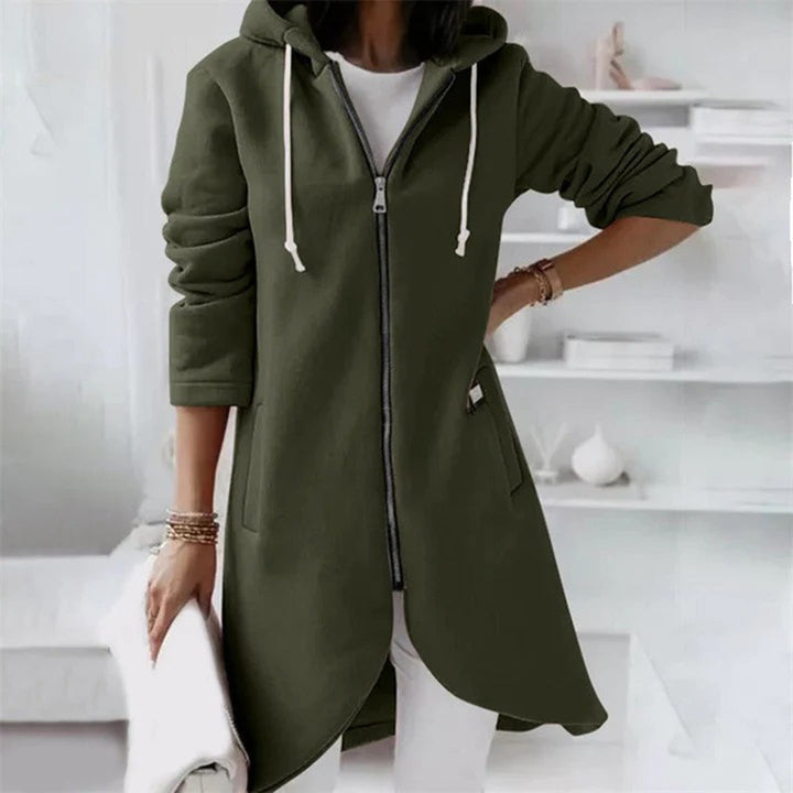 Fashionable women's longline coat, featuring a hood & sleek design for stylish daily wear.