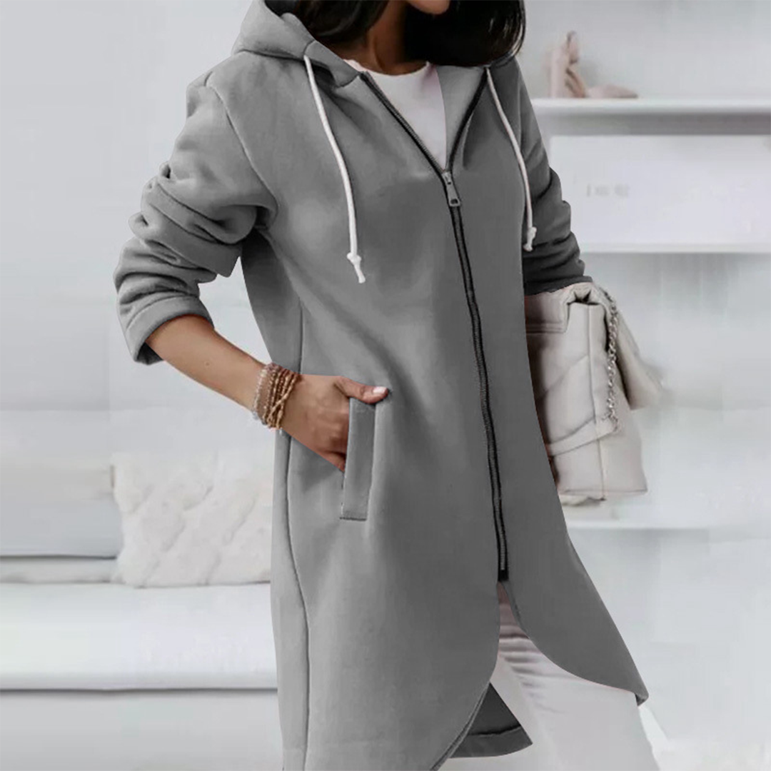 Comfortable women's everyday jacket with a longline cut and practical hood, ideal for casual outings.