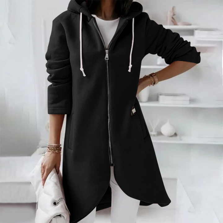 Stylish women's casual longline jacket with a comfortable hood, great for versatile fashion & everyday wear.