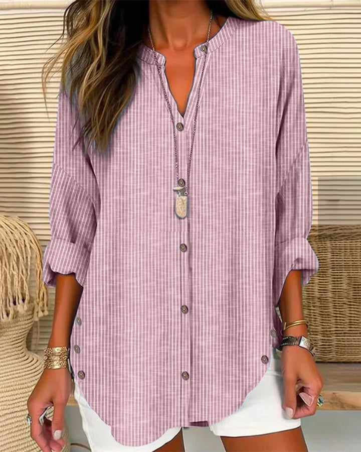 Elegant women's striped long sleeve V-neck blouse, loose fit button-up top for versatile styling.