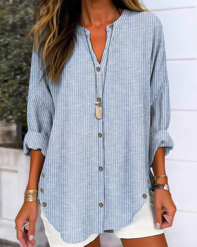 Versatile women's loose fit blouse, long sleeve V-neck top, button-up design for casual elegant look.