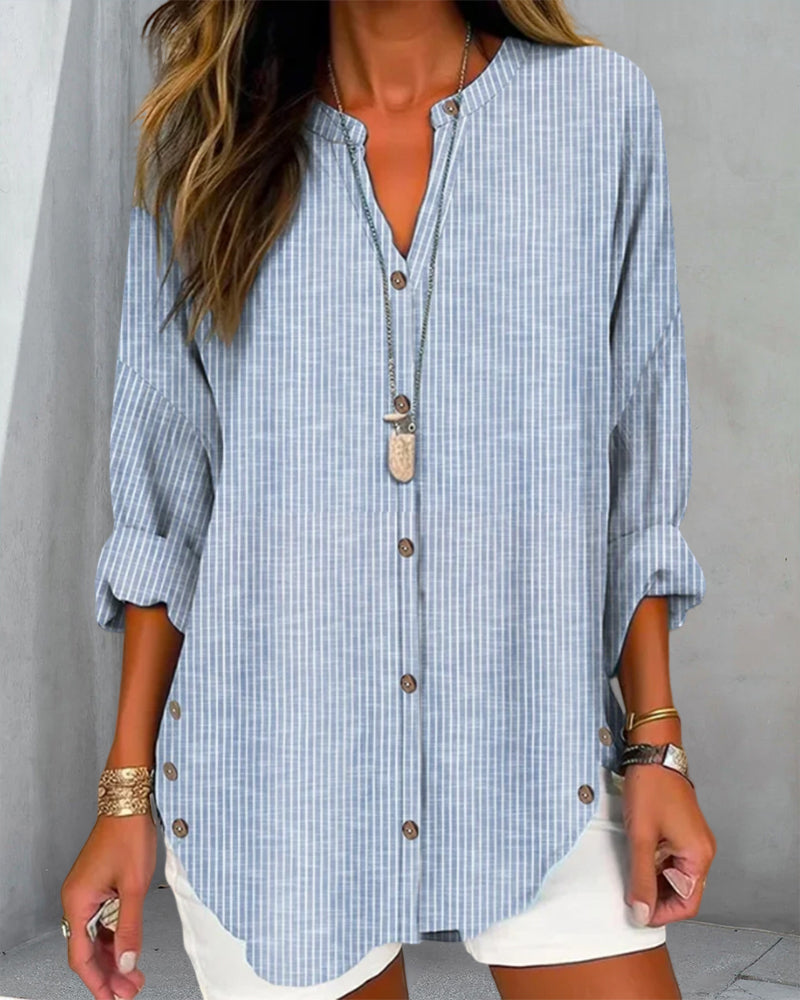 Striped long sleeve V-neck blouse for women, a stylish loose fit button-up shirt ideal for office & daily.