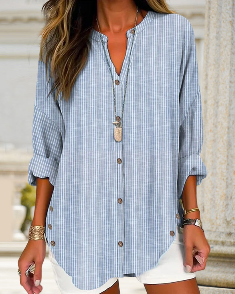 Women's casual elegant V-neck blouse, loose fit long sleeve top with buttons, great for everyday fashion.