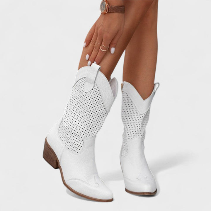 Perforated mid-calf women's boots featuring a comfortable block heel, rounded toe, and sleek design.