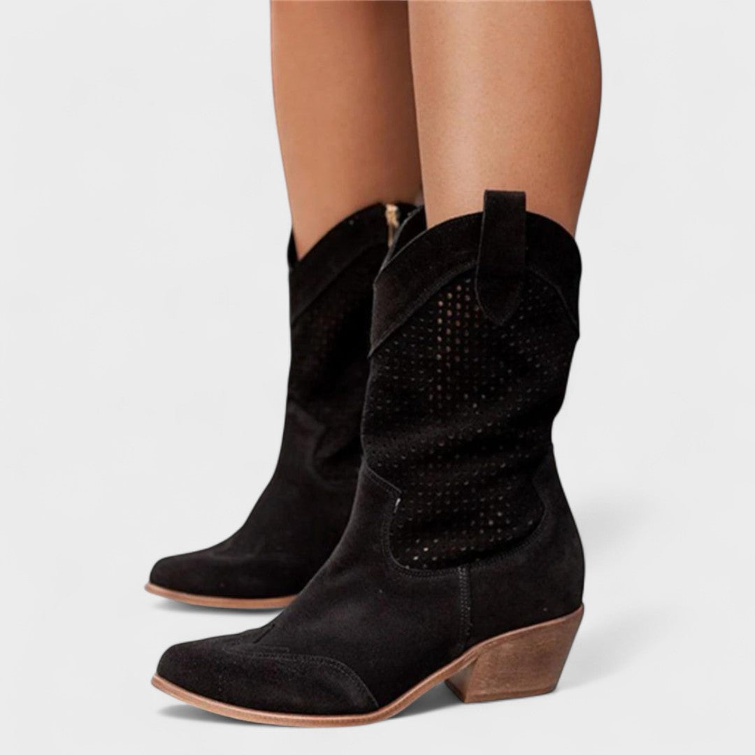 Stylish heeled mid-calf boots for women, with intricate perforated details and a sturdy block heel.