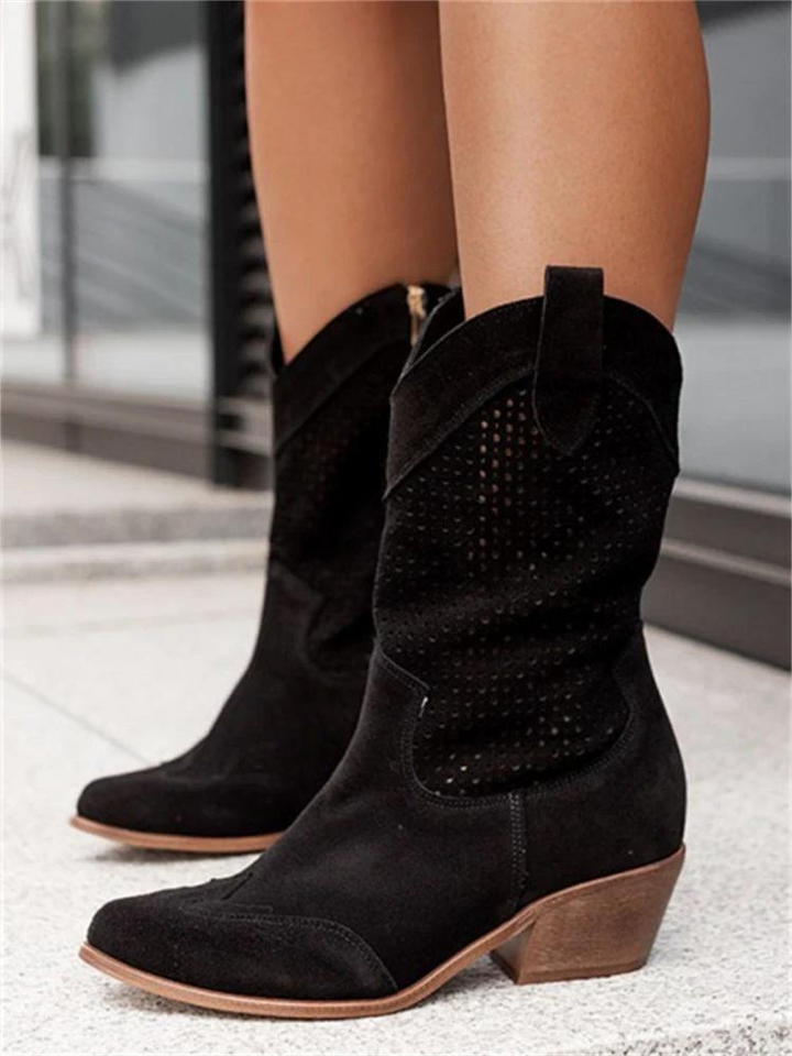 Woman wearing versatile mid-high cowboy boots, showcasing their chic style & all-day comfort for spring.