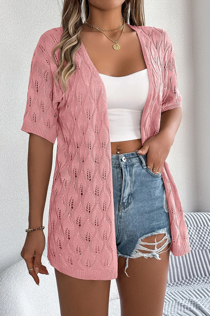 Boho style open front crochet top, a women's short sleeve layering piece for warm weather outfits.