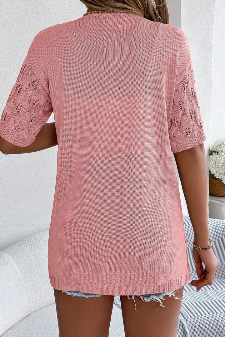 Casual chic women's short sleeve crochet cardigan, an airy open front knit for summer fashion.