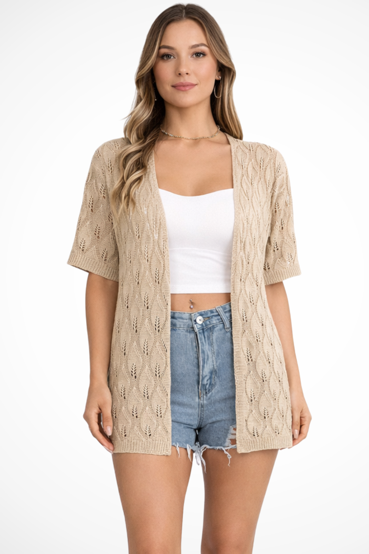 Textured crochet open front cardigan for women, a stylish short sleeve knit top perfect for layering.