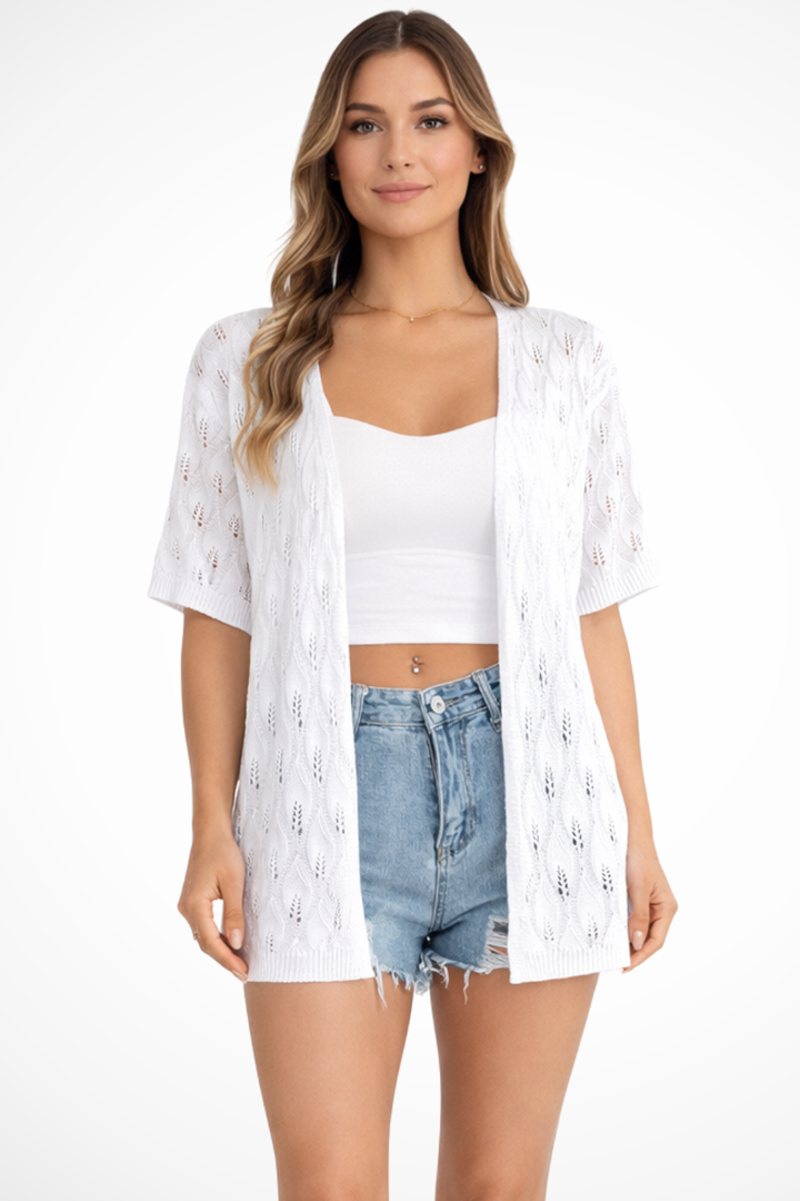 Delicate crochet pattern on a women's short sleeve cardigan, a stylish and airy open front design.
