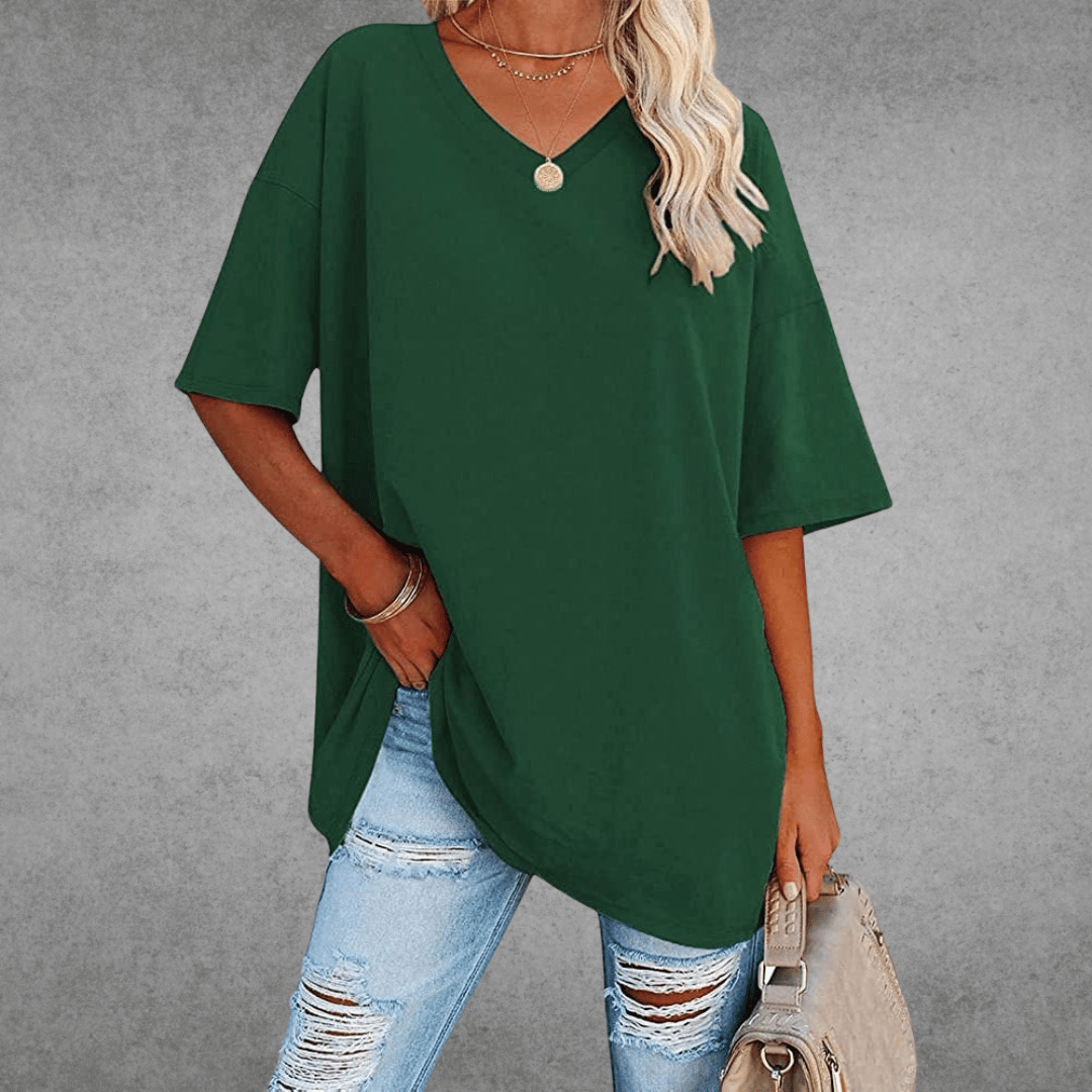 Comfortable V-neck women's top, an oversized and chic t-shirt for casual wear and everyday fashion.