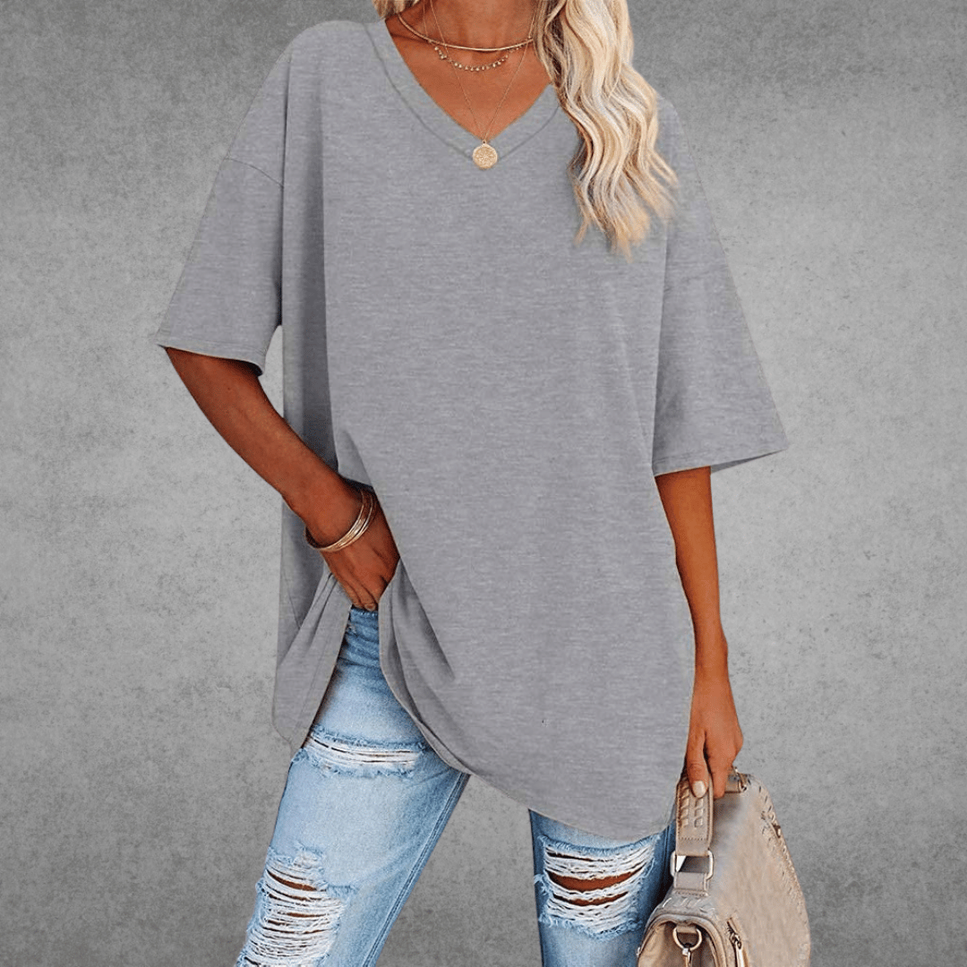 Everyday chic women's V-neck tee, an oversized loose-fit top for comfortable, stylish casual wear.