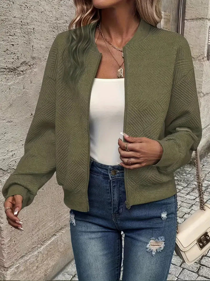 Women's patterned front zip cardigan, great for fall fashion & spring apparel layering.