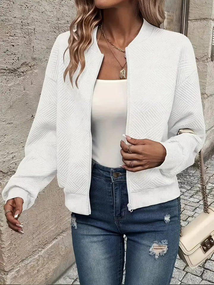 Cozy & comfortable women's patterned zip cardigan. Stylish everyday fashion for cool weather.