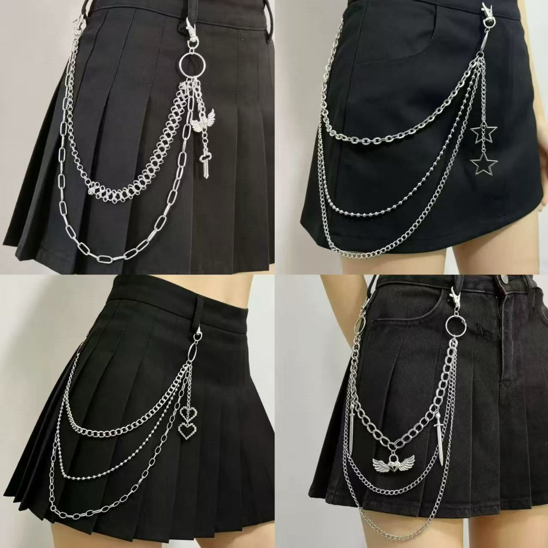 Women's stylish pleated skirt with decorative chains, perfect for trendy party wear or casual chic.